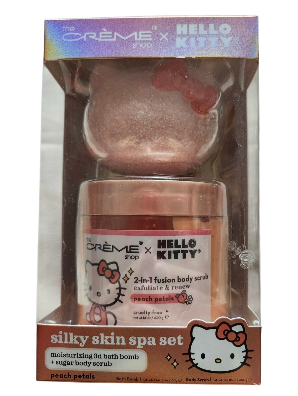 The Creme Shop X Hello Kitty NIB Silky Skin Spa Set Body Scrub Peach Bath Bomb